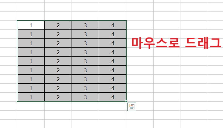 엑셀화면에서 드래그한 화면 보임
