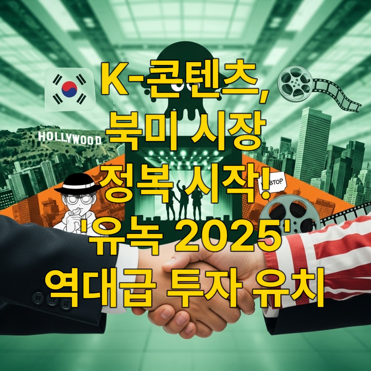 미국 LA에서 K-콘텐츠 북미 투자유치 행사가 성공적으로 진행되어 한국 기업과 북미 투자자들이 활발히 교류하는 모습. 글로벌 시장 확장에 대한 기대감을 나타냅니다.