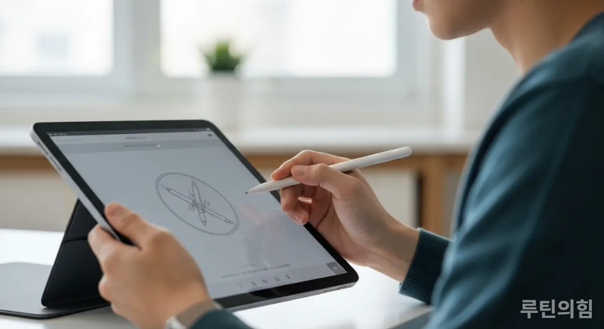 깔끔한 홈 오피스에서 태블릿과 스타일러스 펜으로 디지털 드로잉 중인 모습