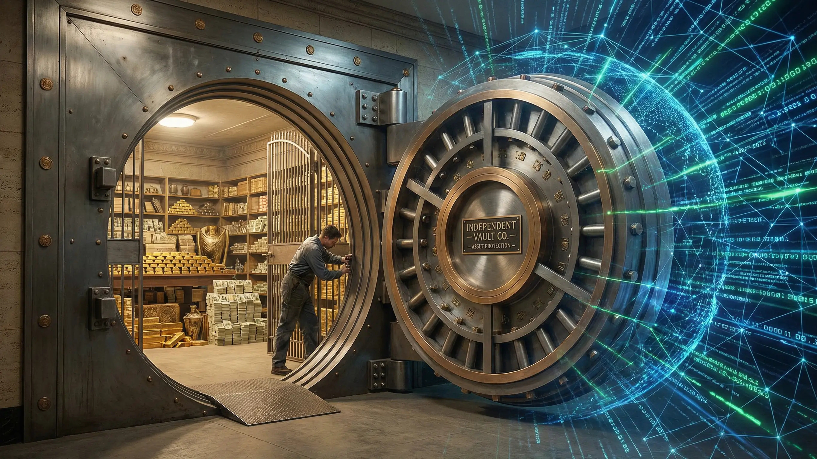 거대한 은행 전산망을 피해 안전하게 독립된 금고에 자산을 보관하는 모습을 시각화한 이미지