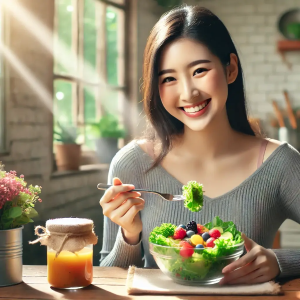 부드러운 햇살 아래 건강 샐러드를 즐기는 젊은 아시아 여성