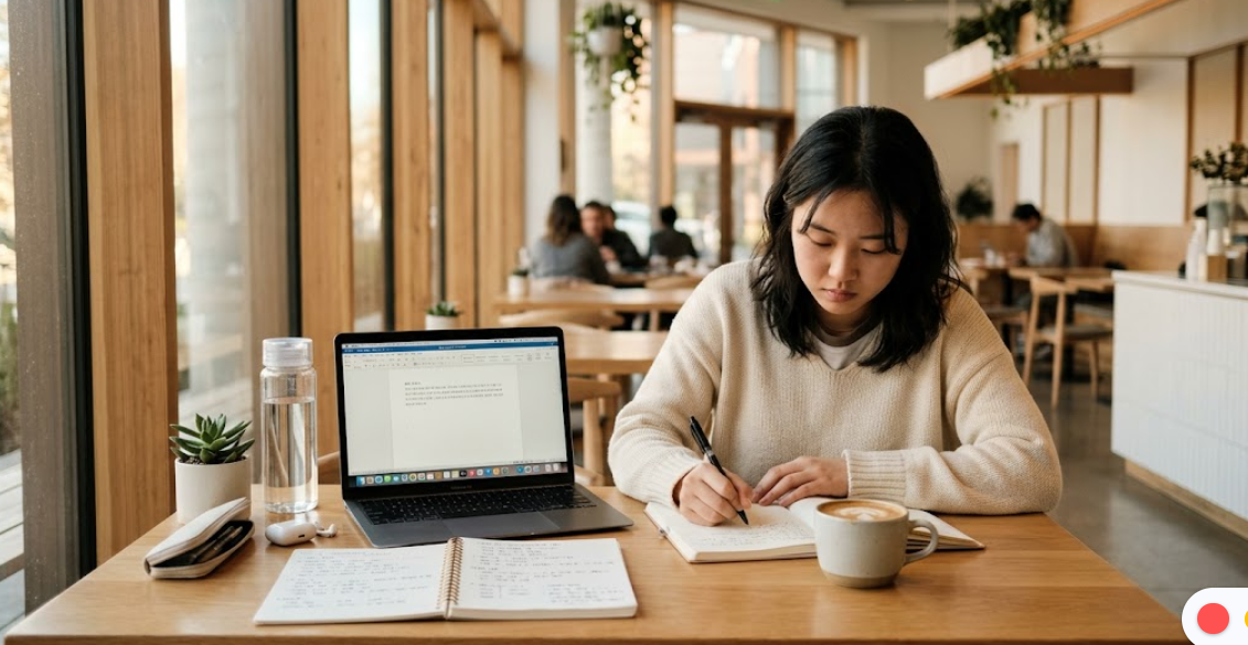 카페에서 집중해서 오답 노트를 정리하는 수험생