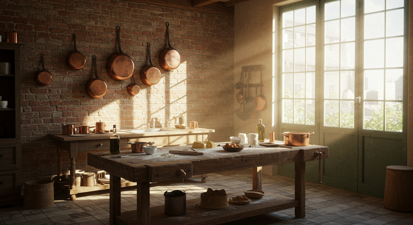 햇살이 들어오는 파리의 아늑한 쿠킹 스튜디오 전경