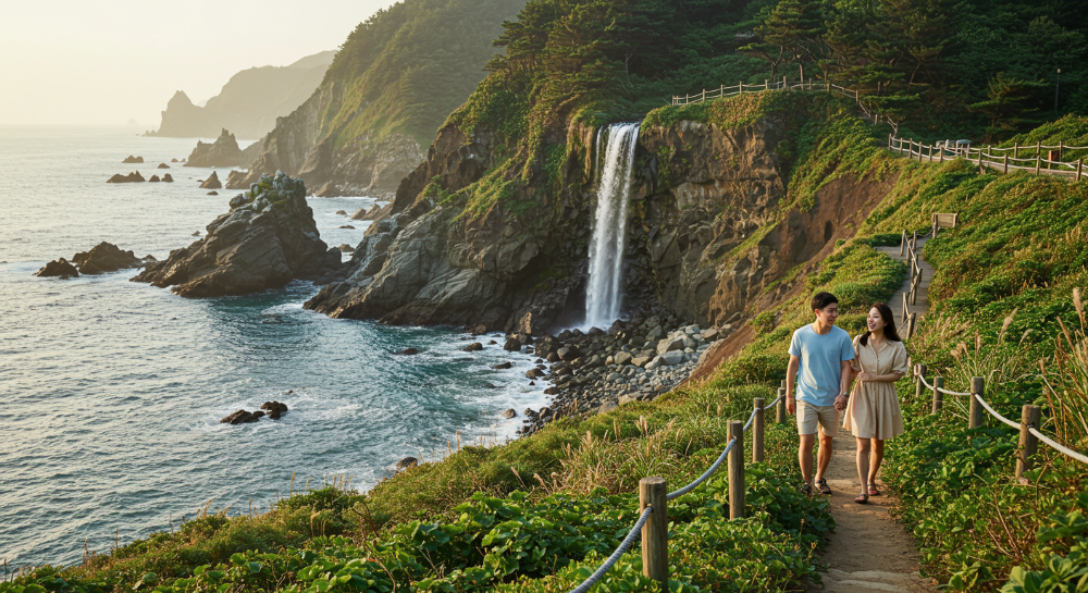 서귀포 정방폭포 주변 해안 산책로를 걷는 커플