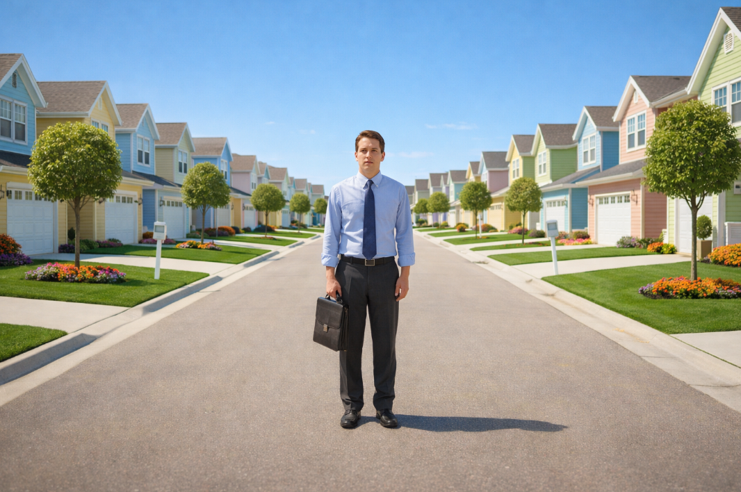 파스텔톤 주택들이 줄지은 밝은 거리 한가운데 한 남자가 멈춰 서 있는 낯선 평온의 장면