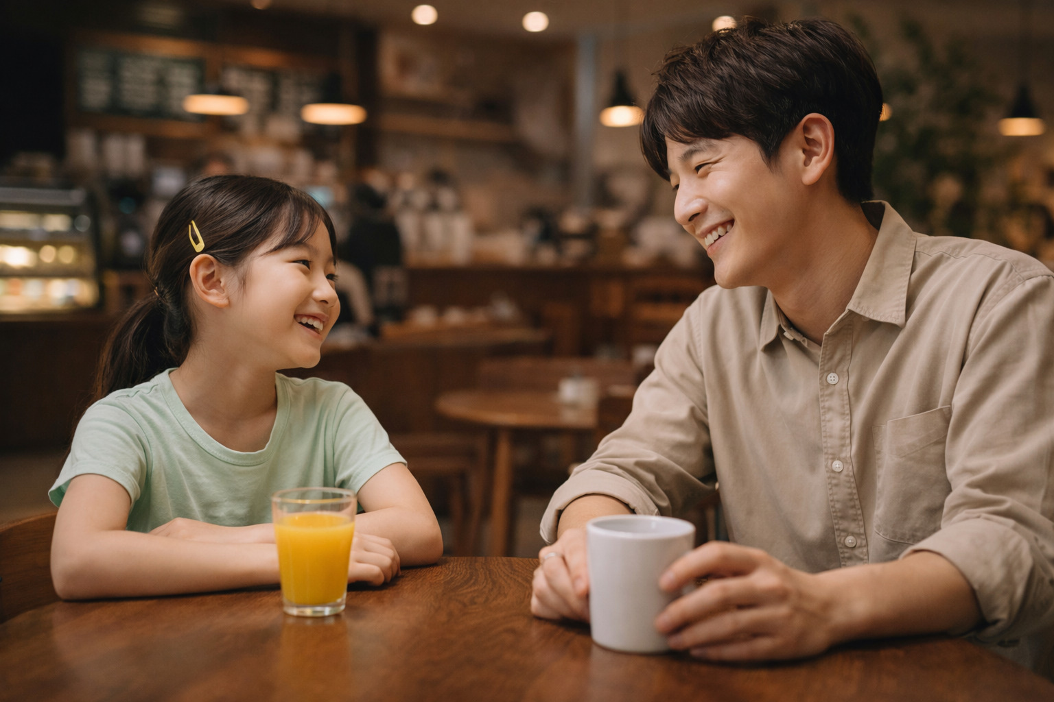 조명이 은은한 카페에서 테이블에 마주 앉아 오렌지 주스와 커피를 앞에 두고 서로를 바라보며 웃고 있는 아빠와 10살 소녀