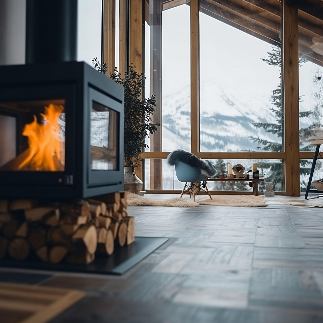 겨울철 눈산이 보이고 내부에는 장작불이 타오르는 사진