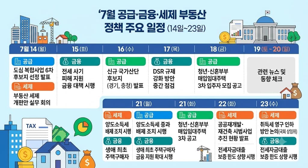 7월 14일부터 23일까지 진행되는 공급 금융 세제 부동산 정책 일정