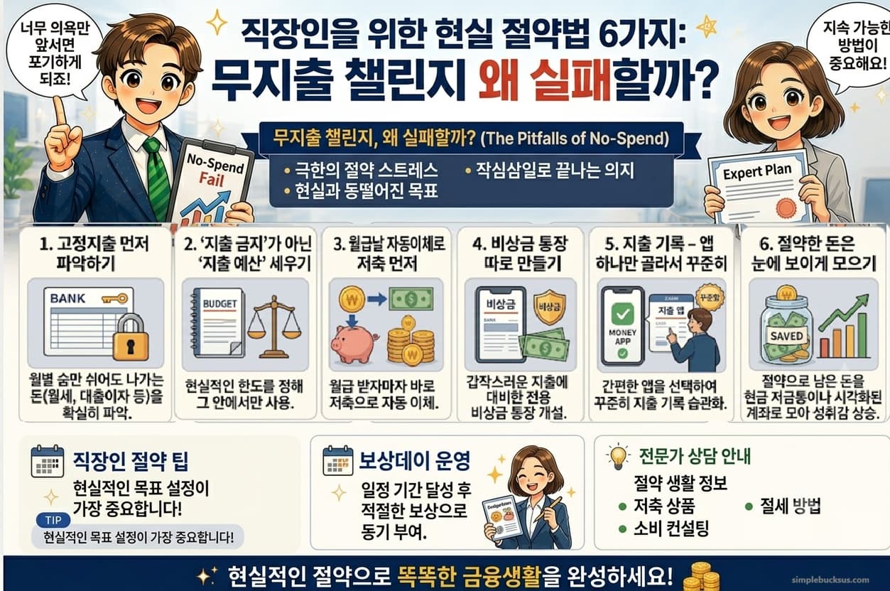 직장인을 위한 현실 절약법 6가지 인포그래픽 - 무지출 챌린지 실패 이유와 소비 패턴 분석, 자동 저축 설정, 지출 한도 설정 등 단계별 절약 방법 안내