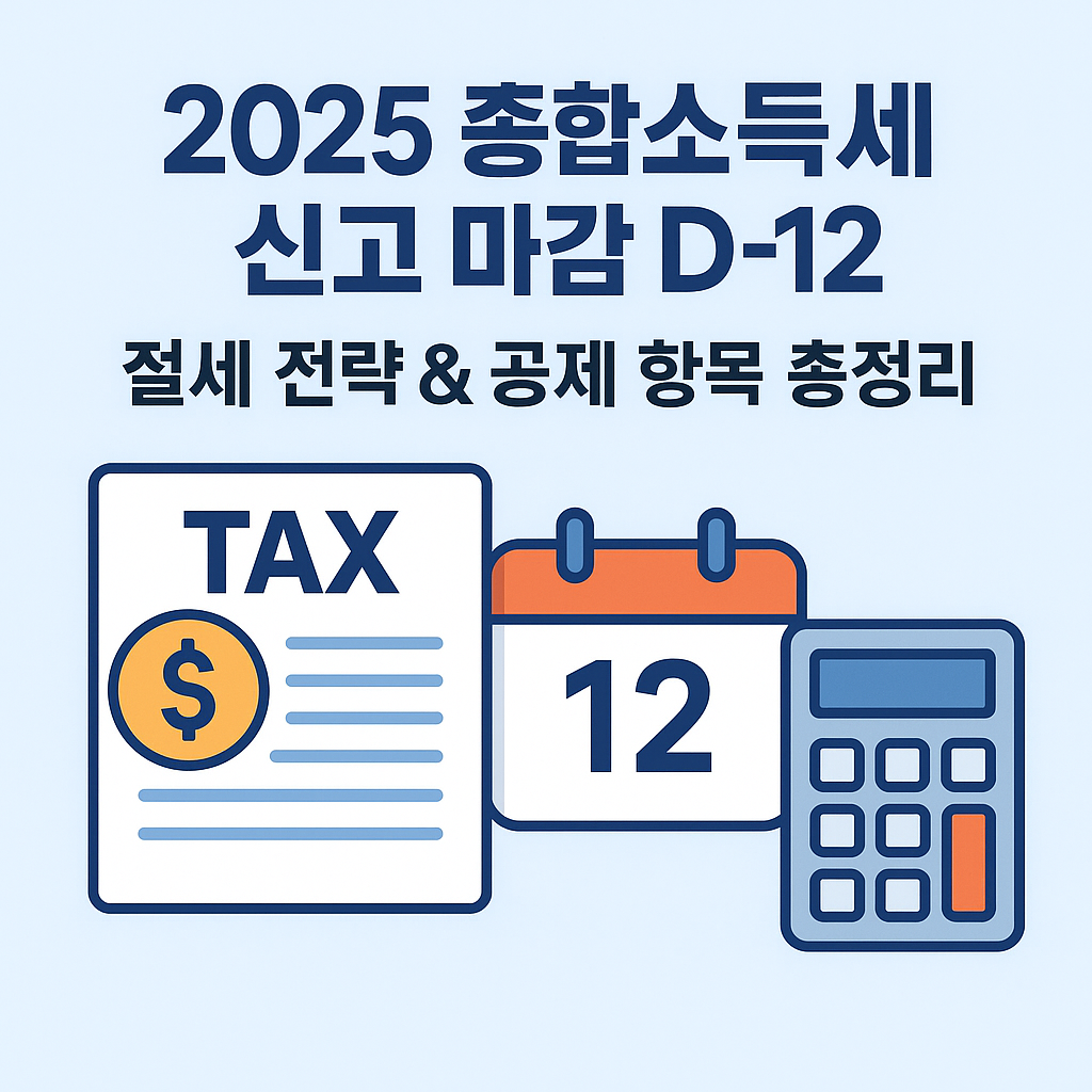 📐 이미지 사양
항목 설명
사이즈 1080 x 608 (티스토리 & SNS 썸네일 최적화)
파일 형식 PNG
배경색 연한 블루 (#e8f4ff 계열)
폰트 고딕 계열, 두꺼운 강조 폰트
주요 텍스트 “2025 종합소득세 신고 마감 D-15” / “절세 전략 & 공제 항목 총정리”
시각 요소 세금 관련 아이콘 (서류, 달력, 계산기 등)