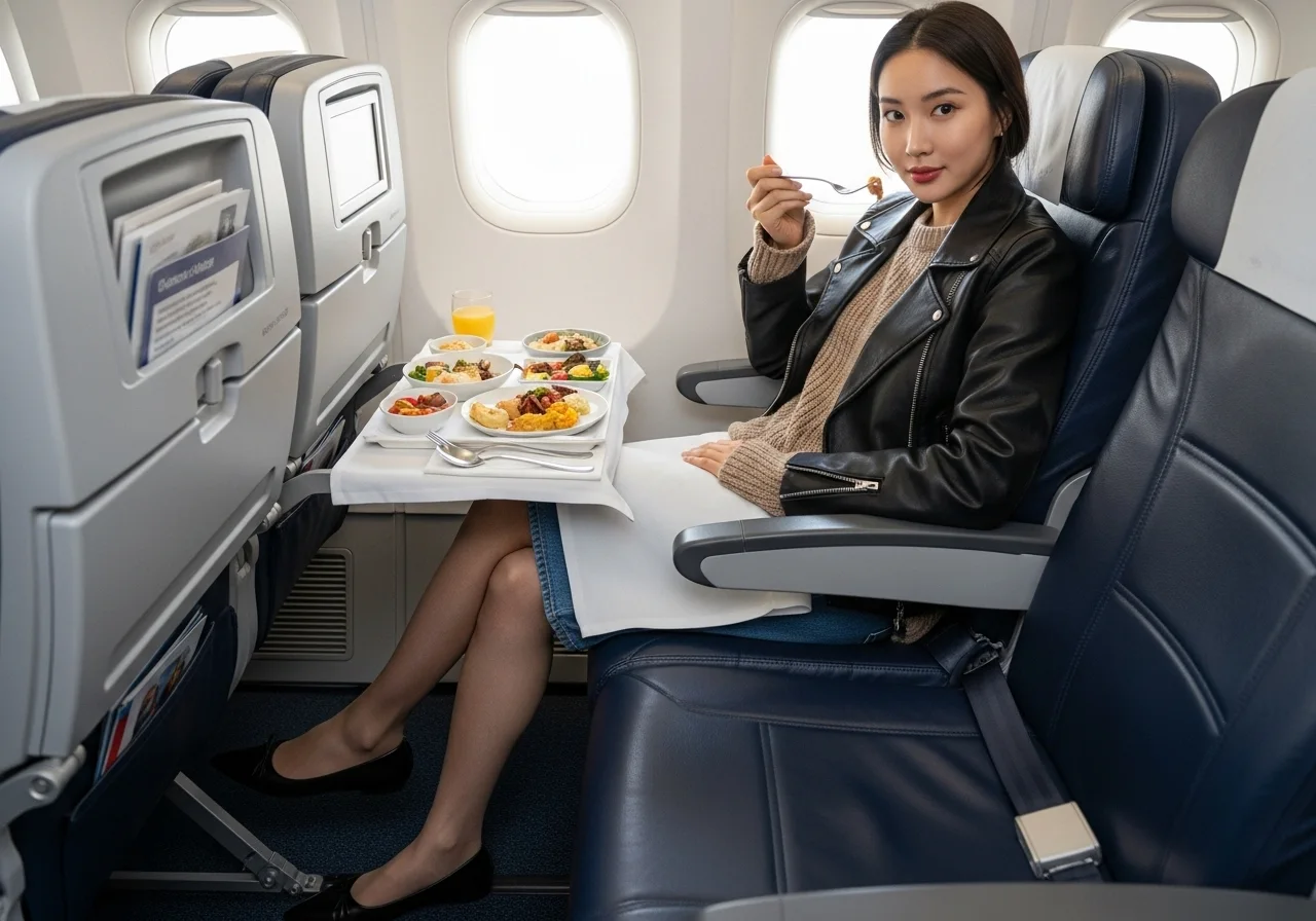 넓은 이코노미 좌석에서 고급 3코스 기내식을 맛보며 감탄하는 지적인 저널리스트