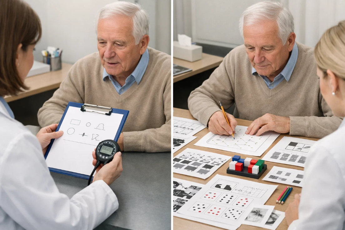 기초 인지검사와 정밀 신경심리검사를 비교하는 치매 검사 장면