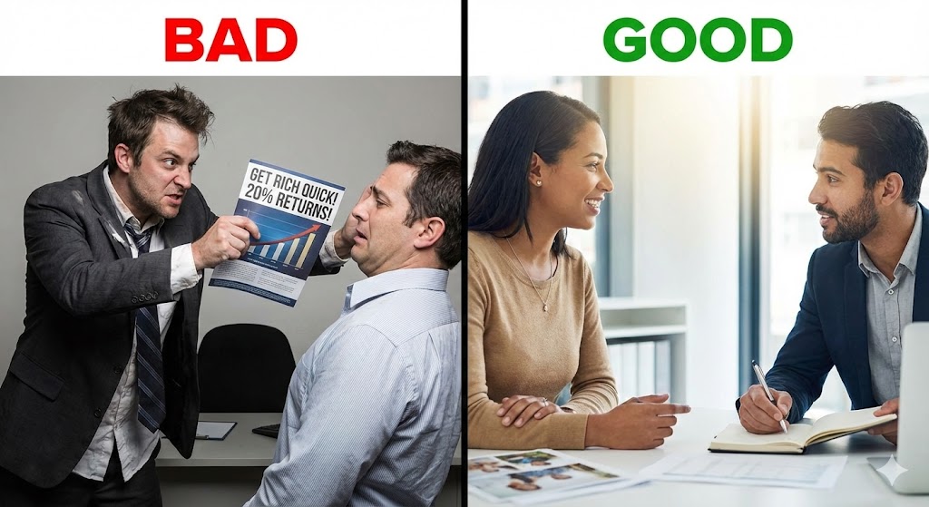 탐욕스러운 표정으로 상품 전단지만 들이미는 판매원(X)과 고객의 이야기를 경청하며 메모하는 진짜 상담사(O)의 대비 모습