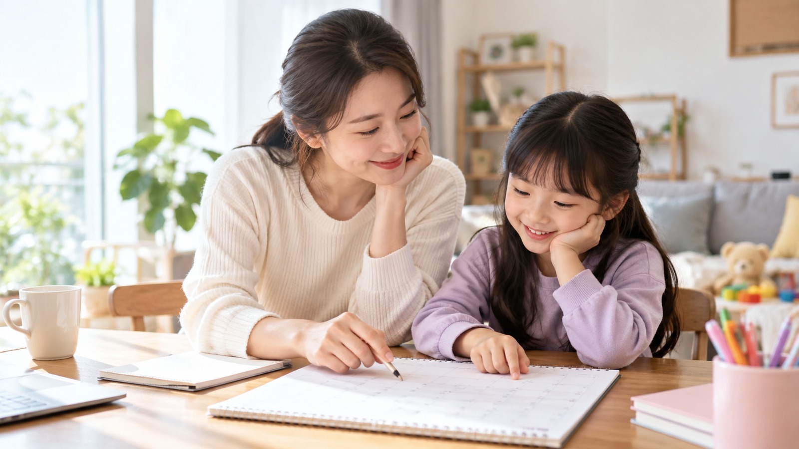 아이와 보호자가 달력을 보며 아동수당 대상 연령을 확인하는 모습