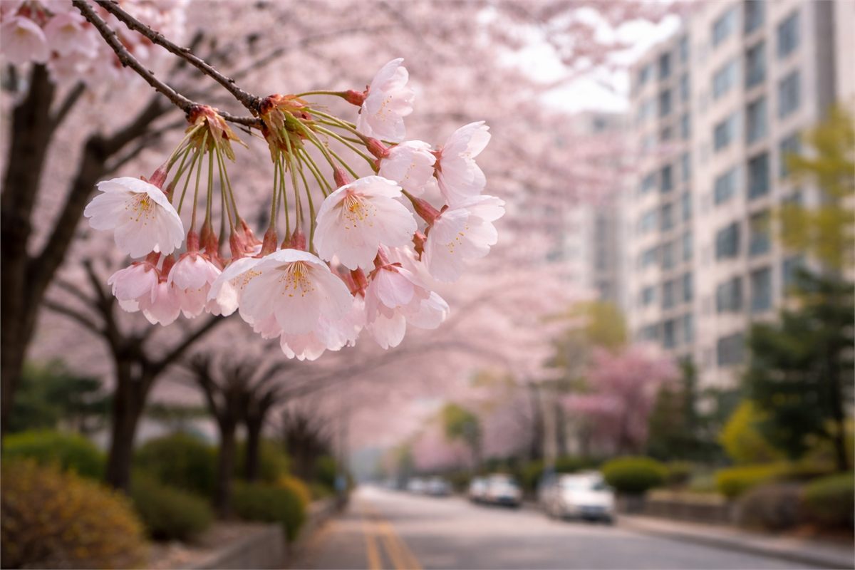 한국 아파트 거리에서 길게 매달린 벚꽃 송이 모습 