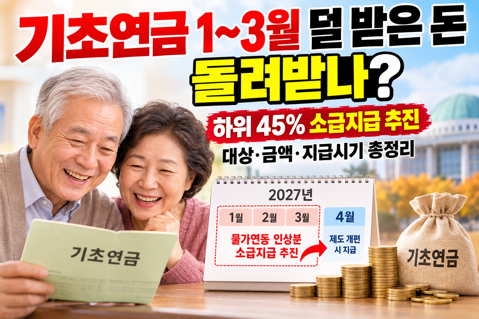 기초연금 2027년 1~3월 물가연동 인상분 소급지급 추진과 소득 하위 45% 대상 안내 이미지