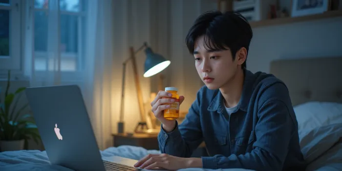 늦은 밤 피곤한 모습으로 영양제를 챙기는 직장인