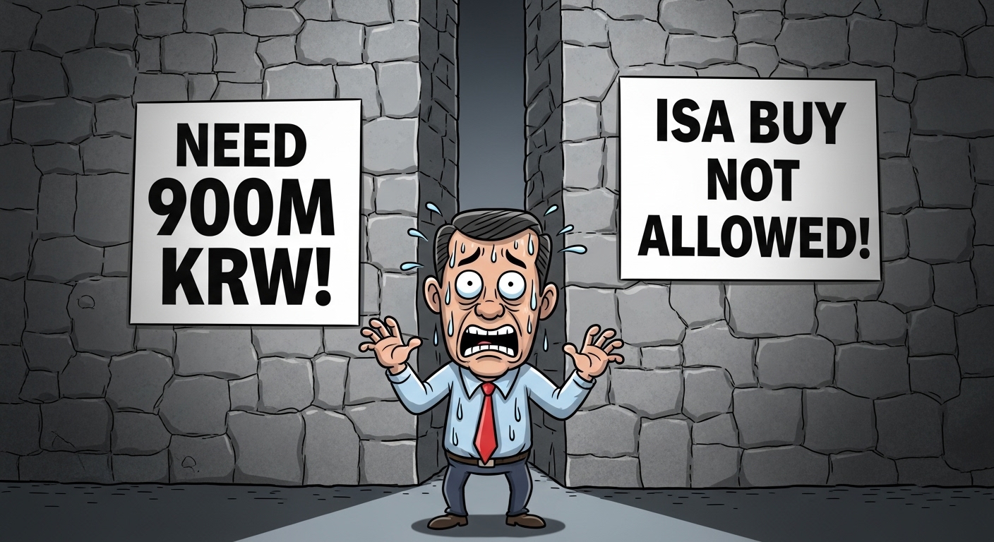 '9억(필요 금액)'이라는 거대한 산과 'ISA(매수 불가)'라는 장벽에 막혀 좌절하는 '빈이아빠'