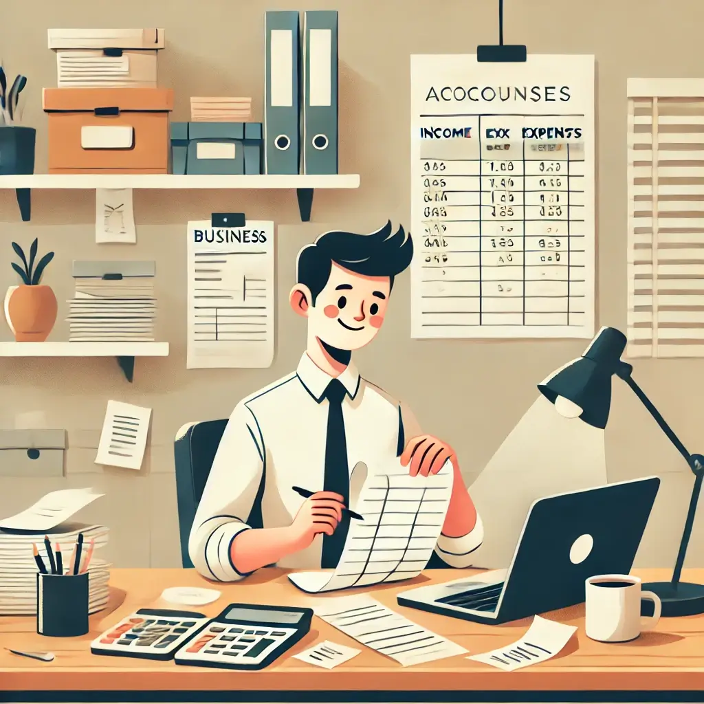 소규모 사업자가 편안하게 장부를 정리하는 따뜻하고 실용적인 분위기