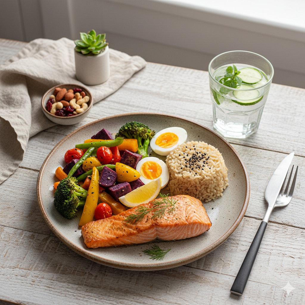 Gemini 이미지 생성 50대 여성 균형잡힌 식단