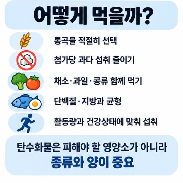 통곡물 선택 첨가당 줄이기 식이섬유 식품 함께 먹기 단백질과 지방 균형 활동량에 맞춘 섭취를 정리한 이미지