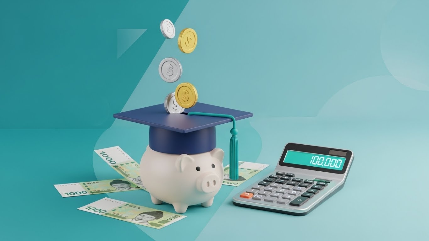 "A clean and professional digital illustration showing a piggy bank shaped like a graduation cap with coins dropping into it, surrounded by Korean won notes and a glowing calculator, teal and blue theme, high resolution, minimalist 3D style."