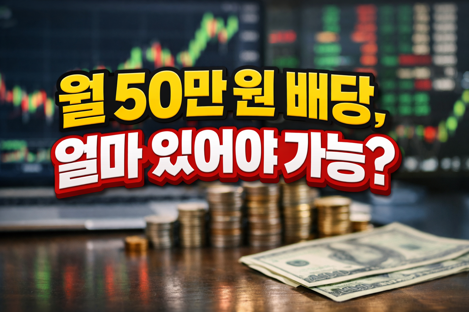 주가 차트 화면 앞 동전 더미와 달러 지폐, ‘월 50만 원 배당 얼마 있어야 가능?’ 문구가 들어간 월배당 ETF 필요 투자금 계산 썸네일