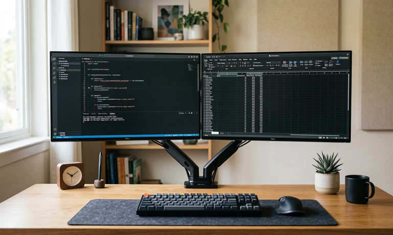모니터 암을 활용한 인체공학적 사무실 책상 꾸미기 예시