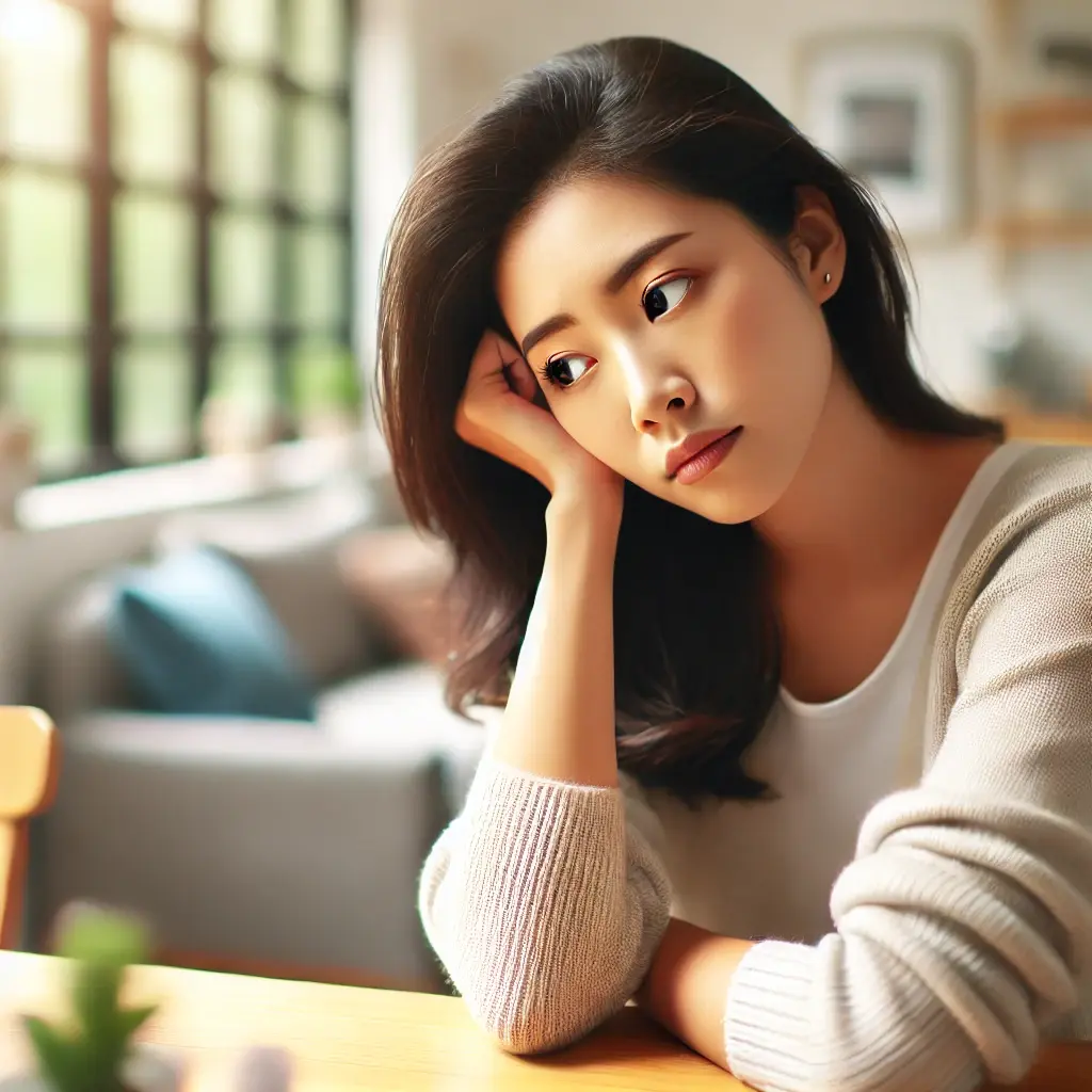 만성 피로를 고민하며 책상에서 쉬고 있는 동양인 여성