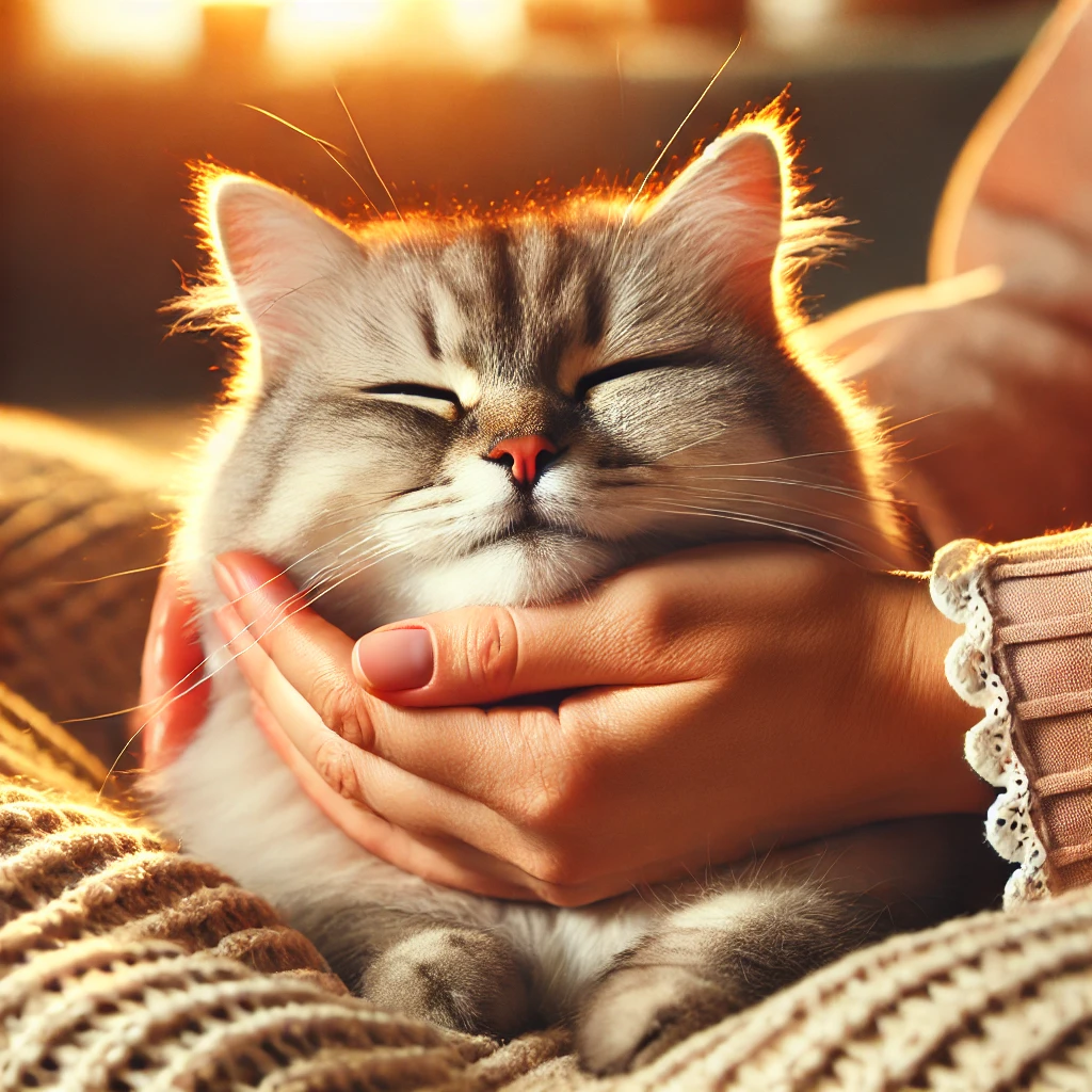 주인이 사랑스럽게 쓰다듬는 행복한 고양이