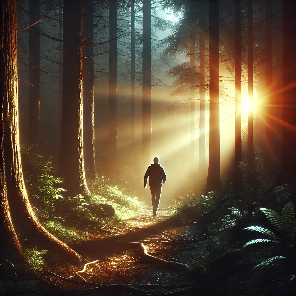 어두운 숲 속을 따뜻한 빛에 이끌리며 걸어가는 사람&amp;#44; 두려움을 극복하는 여정에서 희망과 용기를 묘사한 장면