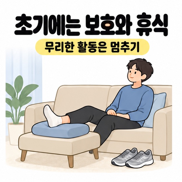 남성이 소파에 앉아 발을 쿠션에 올려 쉬면서 다친 초기에는 보호와 휴식을 취하고 무리한 활동을 멈추도록 안내하는 모습