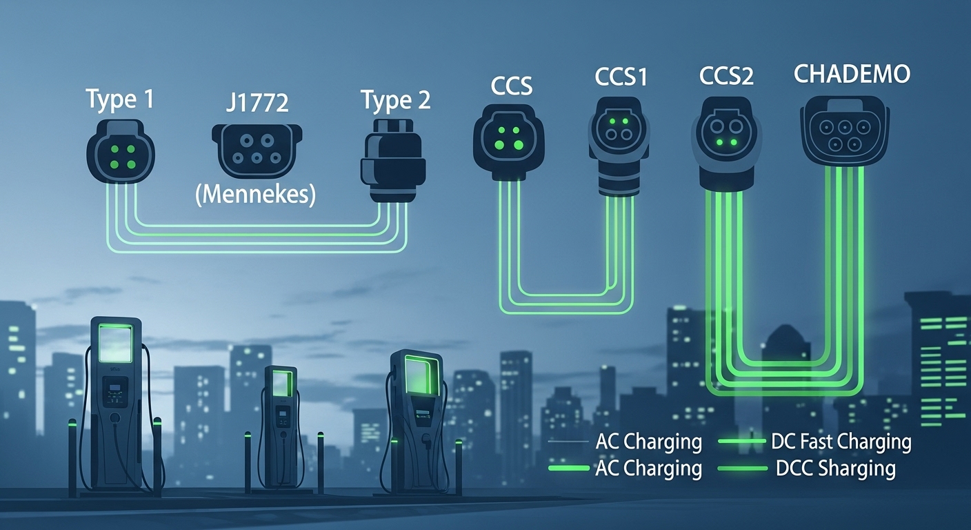 다양한 종류의 전기차 충전 커넥터(완속, 급속)가 명확히 표시된 일러스트. 충전 속도에 따라 빛나는 선이 연결되어 있으며, 배경에는 충전소가 보이는 도시 풍경이 그려져 있습니다. 충전의 다양성과 접근성을 강조합니다.