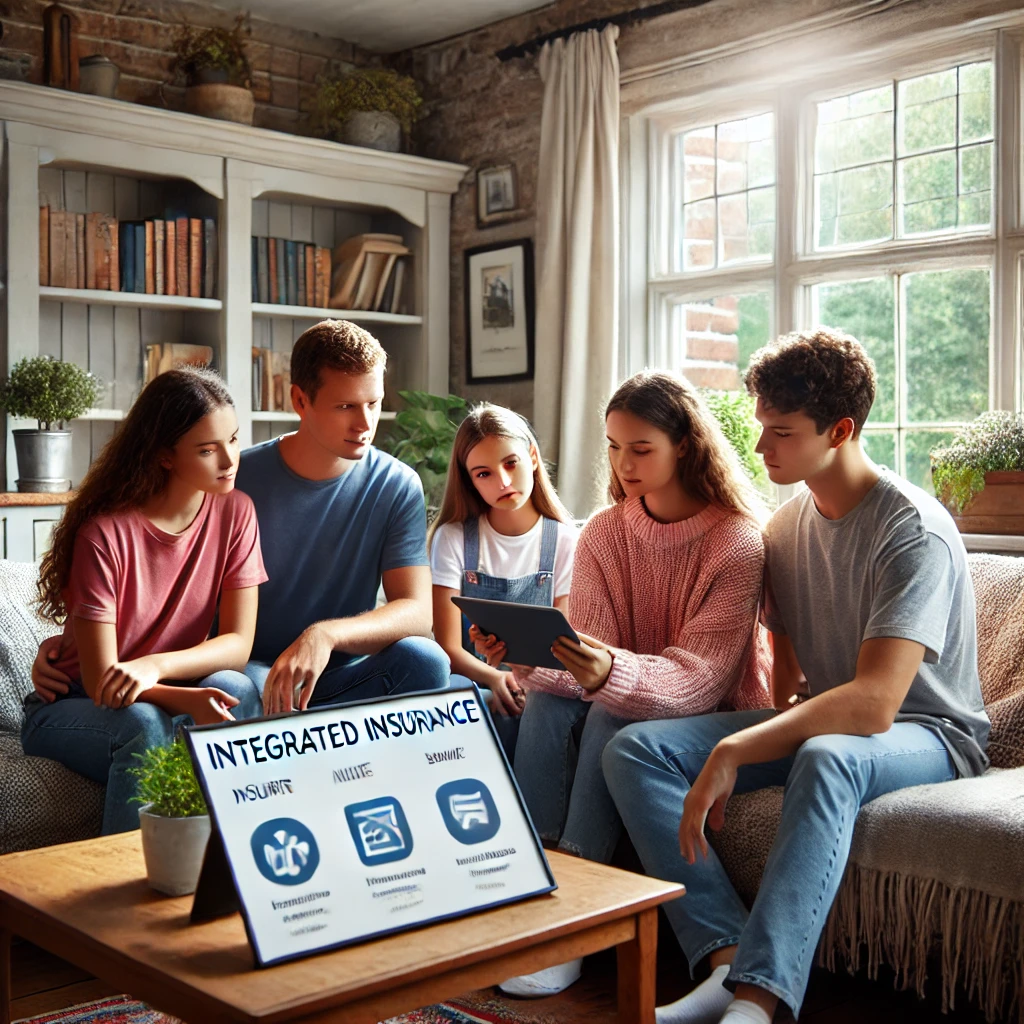 아늑한 거실에서 한 가족이 통합 보험 옵션을 논의하는 모습. 부모님과 자녀들이 소파에 앉아 태블릿 화면을 보며 의견을 나누고 있음. 창문에서 자연광이 들어오는 따뜻한 가정의 분위기