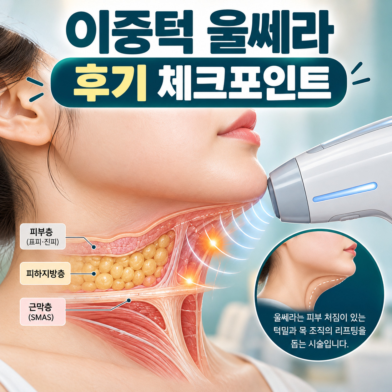 턱밑 피부층과 피하지방층, 근막층을 단면으로 그린 이중턱 울쎄라 후기 체크포인트 교육용 대표 이미지