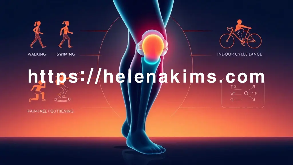 튼튼한 무릎 관절과 걷기, 수영, 실내 자전거를 상징하는 아이콘들 이미지.