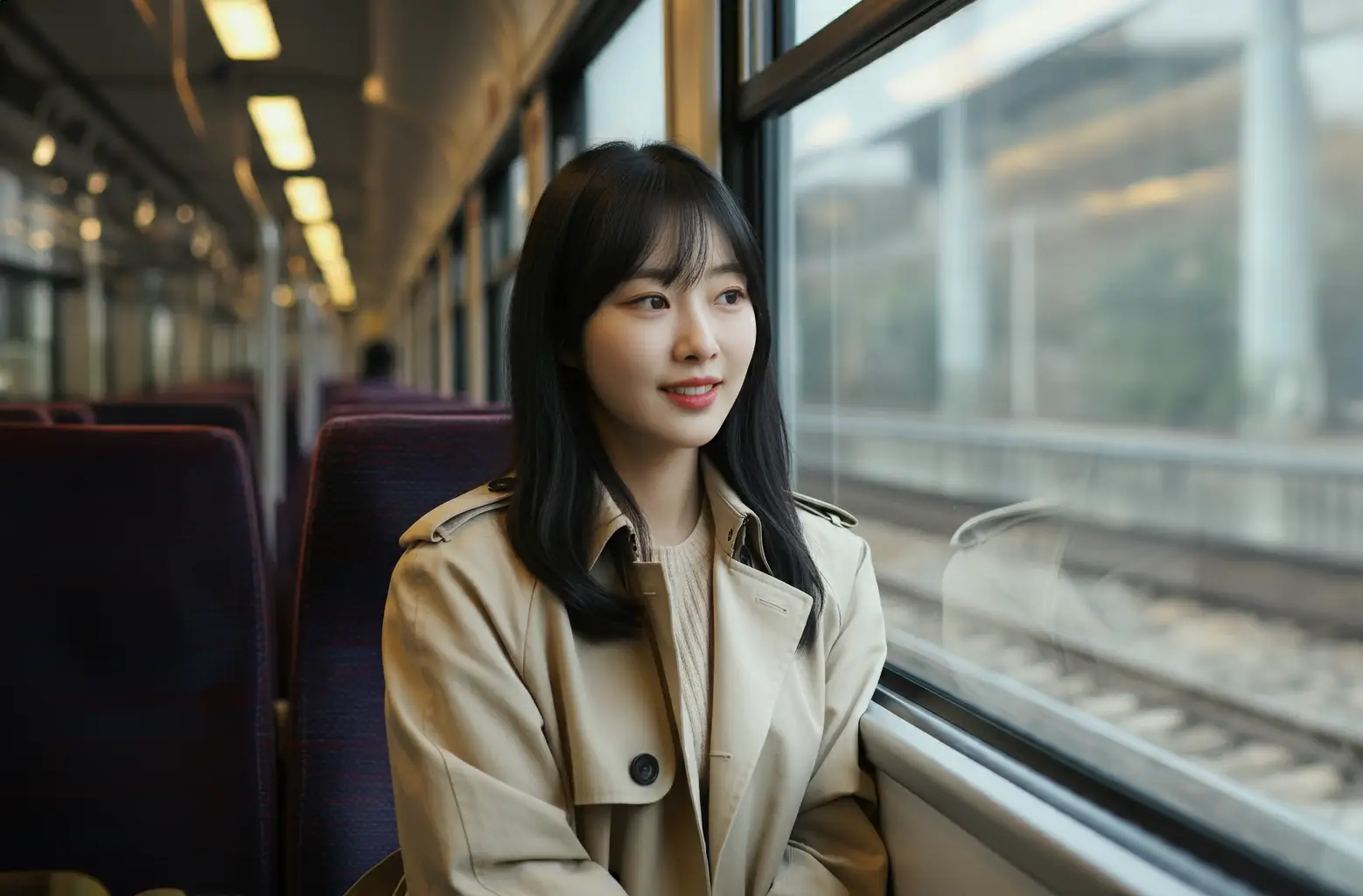 기차를 타고 여행하는 여성