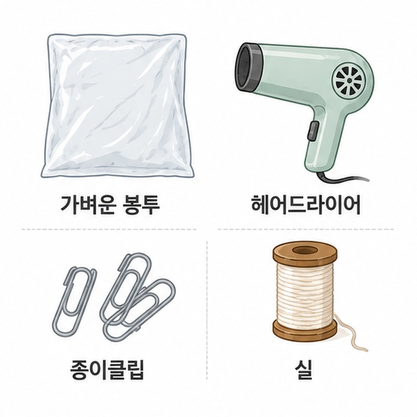 큰 비닐봉투와 헤어드라이어, 종이클립, 실로 구성한 안전한 열기구 모형 준비물을 보여주는 그림