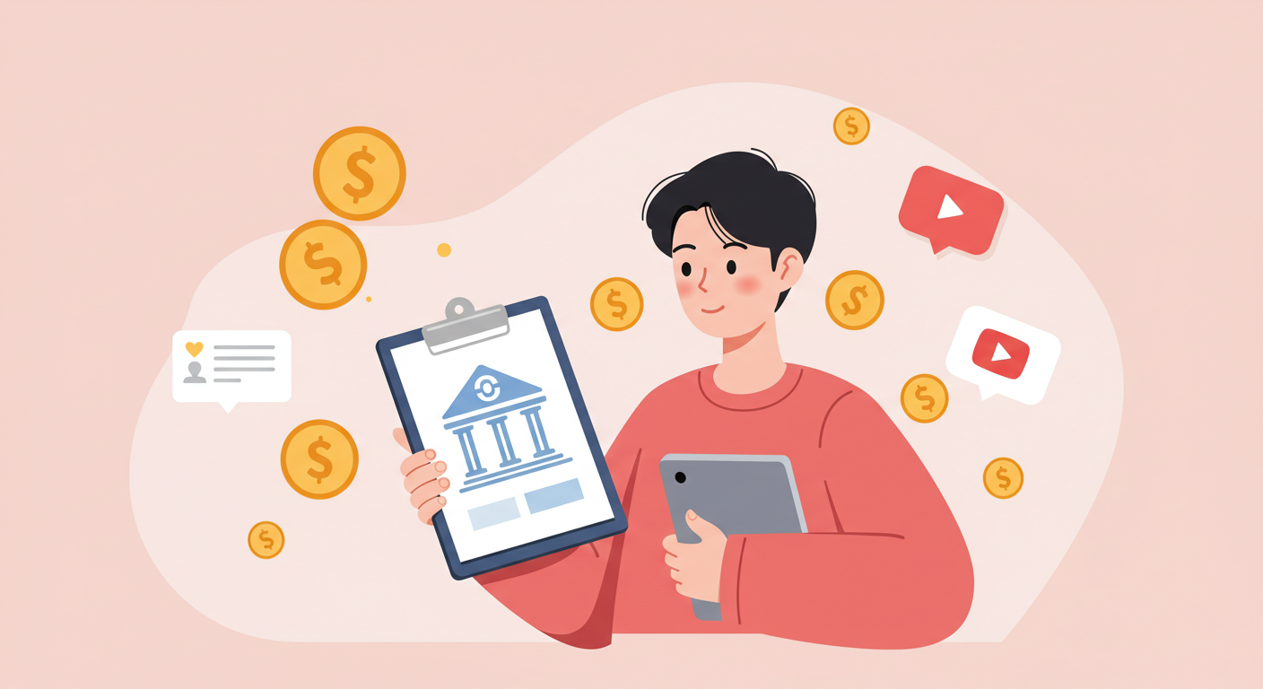 유튜브 수익을 받기 위해 은행 통장을 개설하는 콘텐츠 제작자의 일러스트, 유튜브 아이콘과 달러 표시가 함께 있는 장면