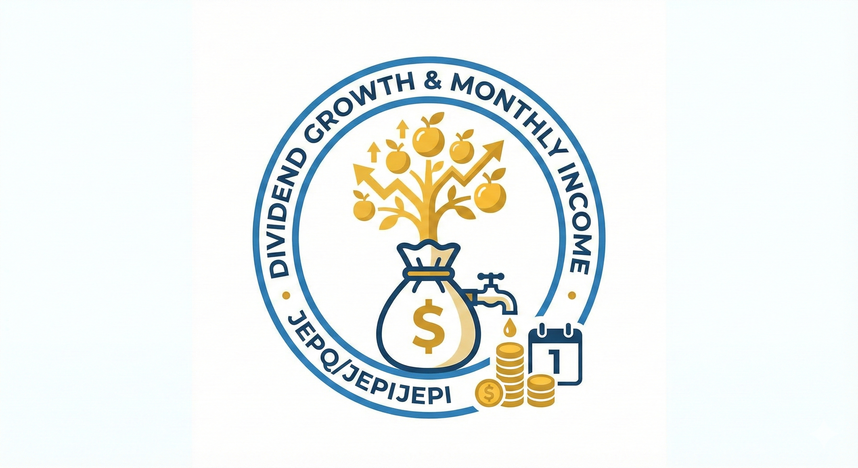 배당 성장과 월배당 수입을 상징하는 원형 엠블럼 일러스트. 중앙의 돈주머니에서 황금 열매가 열리는 나무가 자라나고, 동시에 수도꼭지에서 동전이 쏟아져 달력 옆에 쌓이는 모습으로 SCHD와 JEPQ의 특징을 표현함.