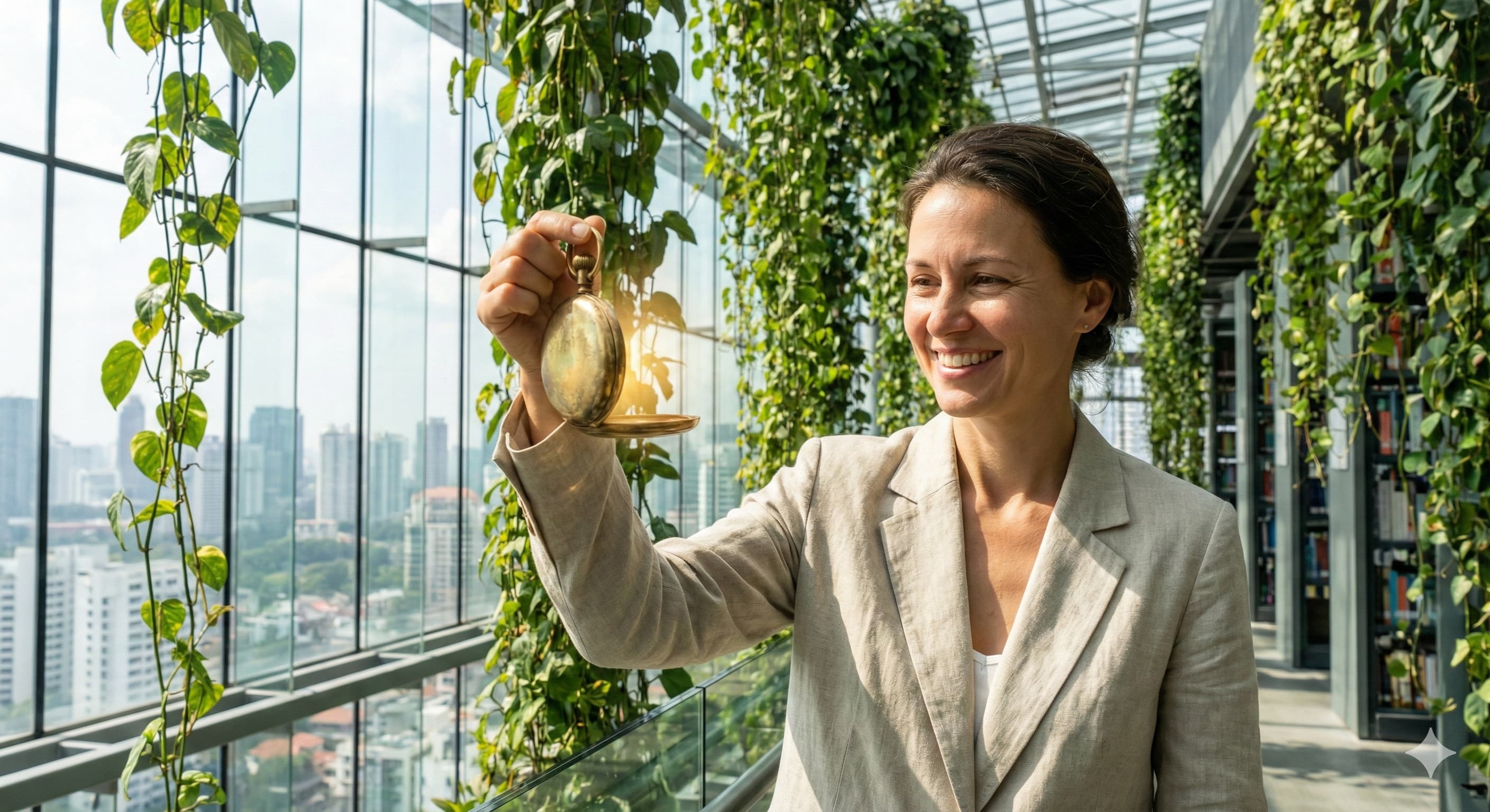 숨은 보험금 찾기, 잊고 있던 황금빛 회중시계를 발견하며 미소 짓는 여성, 도심 속 온실 도서관 배경