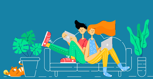 젊은 남자와 여자가 소파에 등을 맞대고 앉아 노트북을 하고 있다. 매우 자유로운 분위기다.