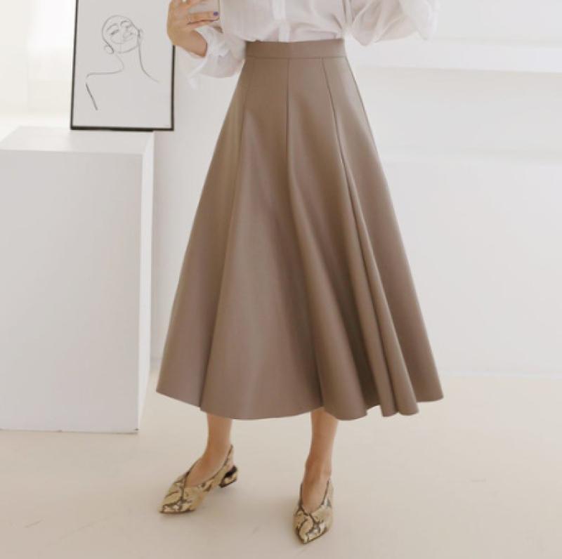 플레어 가죽 레더 A라인 롱스커트 베이지 브라운 블랙