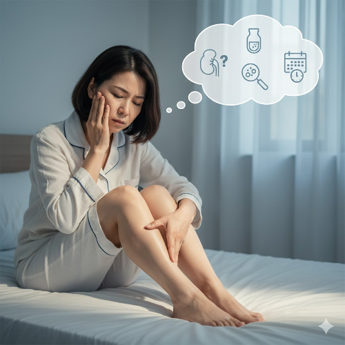 아침에 일어나 침대에 걸터앉아 부은 얼굴과 다리를 걱정하며 살피는 중년 여성이 신장 기능과 수분 대사를 고민하는 모습. 붓기 관리와 건강 검진의 필요성을 시각적으로 표현함.
