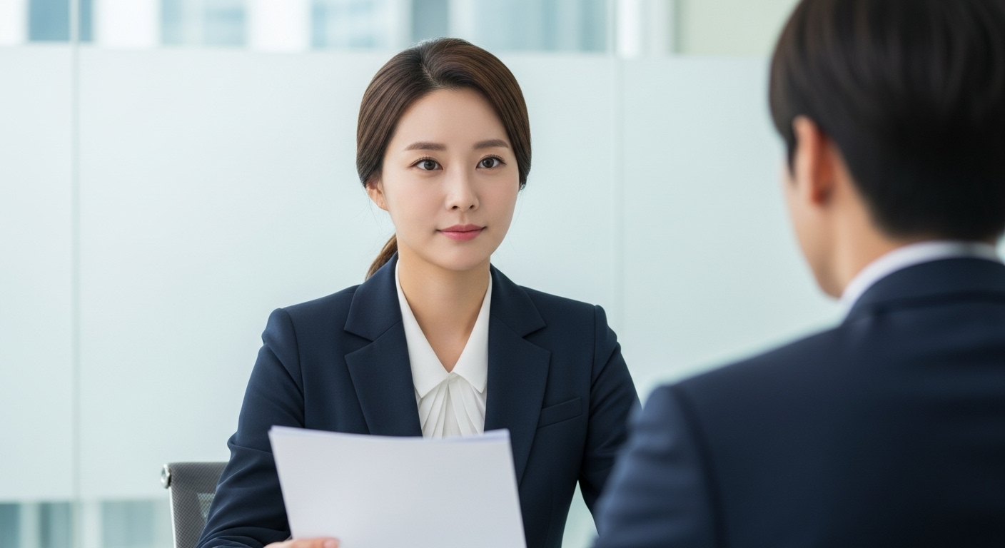 자신감 있는 표정으로 면접에 임하며 이력서를 들고 있는 30대 후반 한국인 여성.