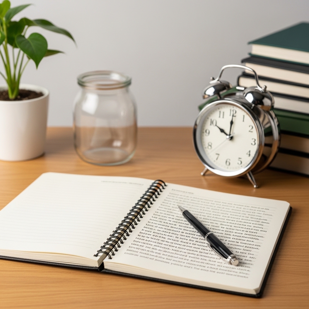 이명 증상의 패턴을 기록하고 관리하는 상황을 표현한 정물 이미지