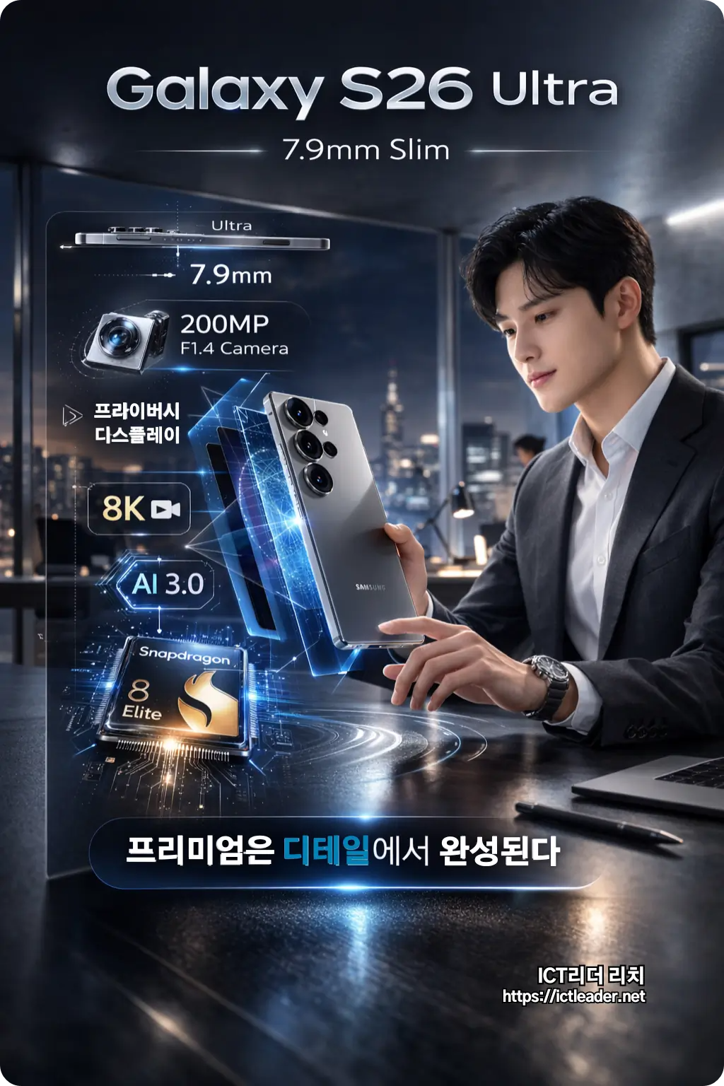 갤럭시S26 Ultra 7.9mm 슬림 디자인과 200MP 카메라, AI 3.0, Snapdragon 8 Elite 칩셋을 강조한 프리미엄 플래그십 스마트폰 이미지