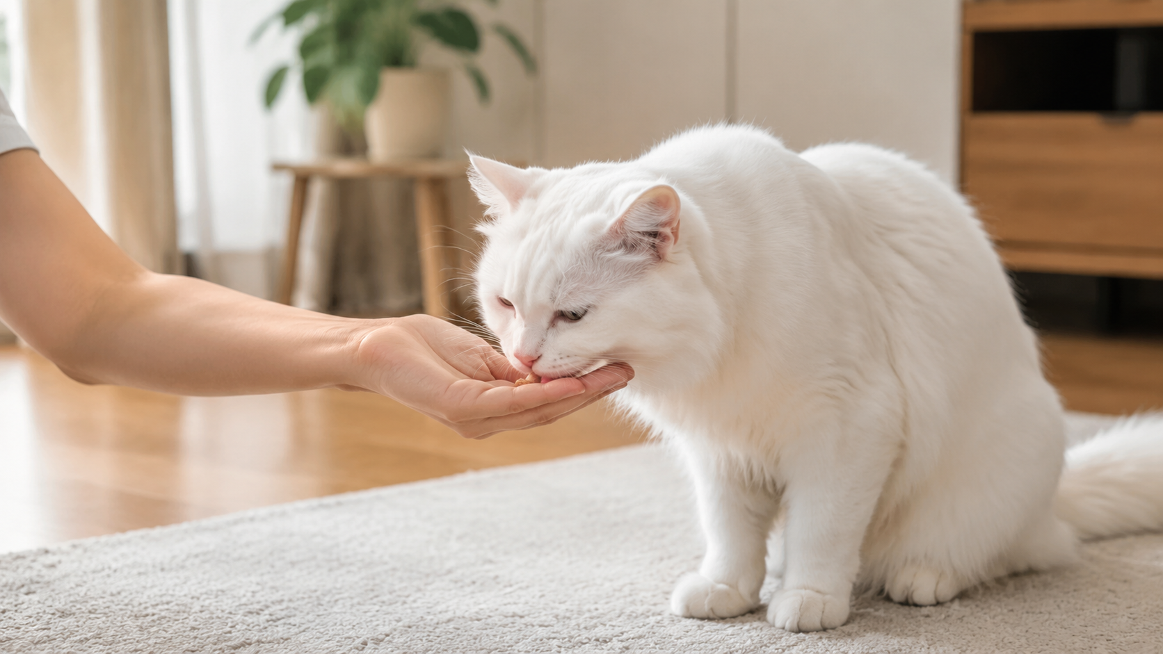 손질 후 간식을 먹는 흰 고양이
