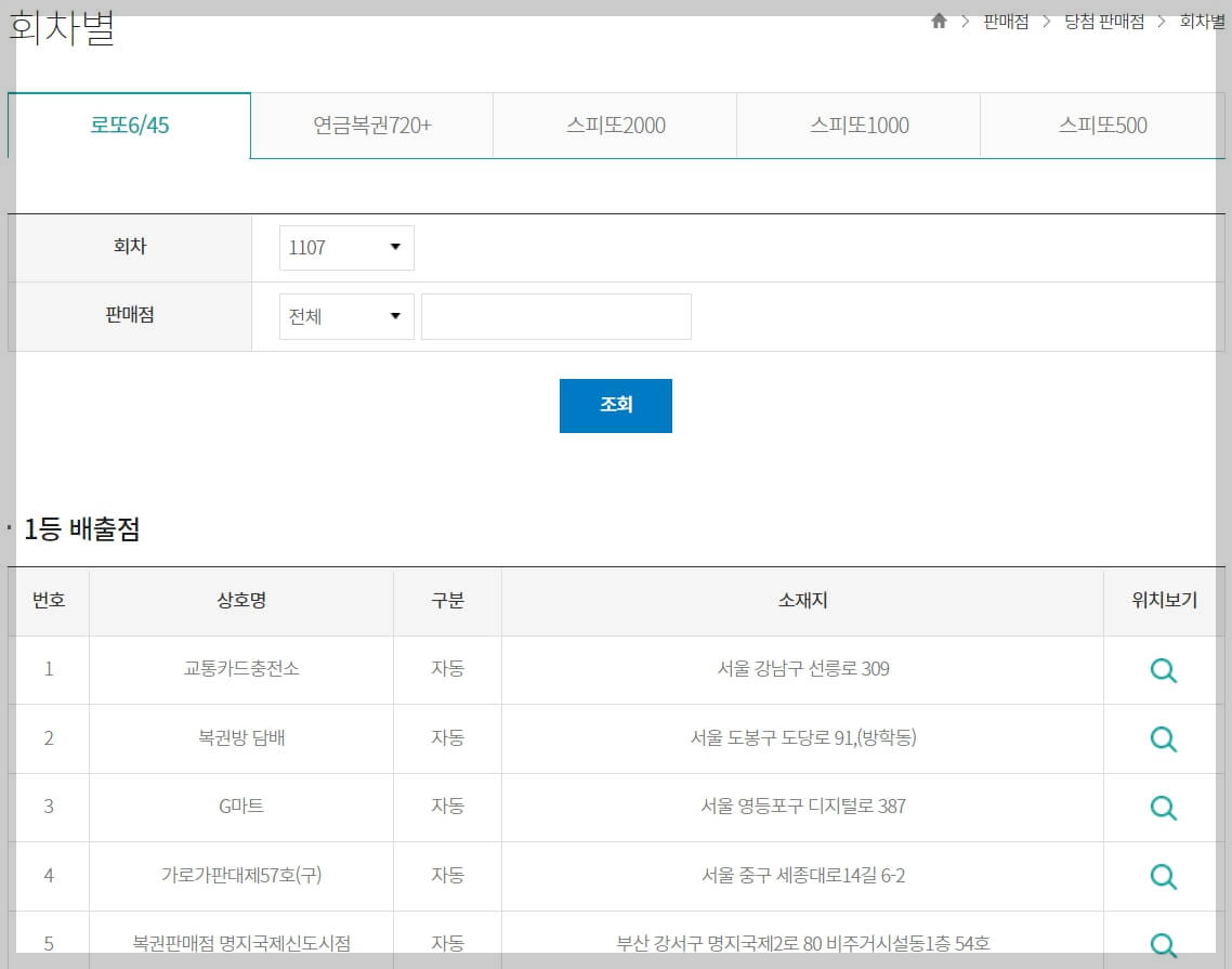 1등 당첨지역 확인방법