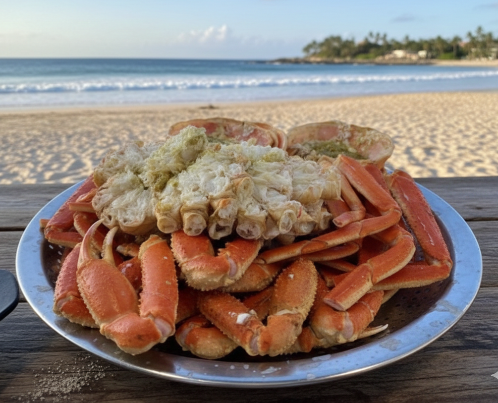 김이 모락모락 나는 잘 익은 대게찜이 쟁반에 담긴 모습.